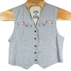 Solutions Original Embroidered Seed Packet Vest Women Medium Blue Stripe Grandma